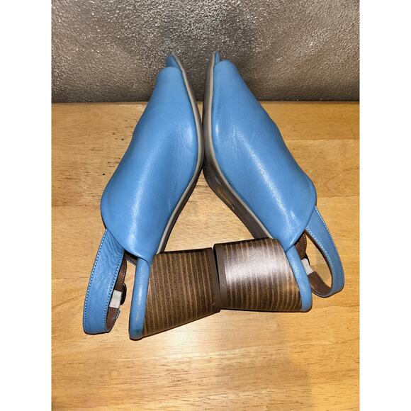 Bueno Clare Tusk Blue Leather Faux Stacked Slingback Sculpted Peep Toe Heels - Picture 4 of 9